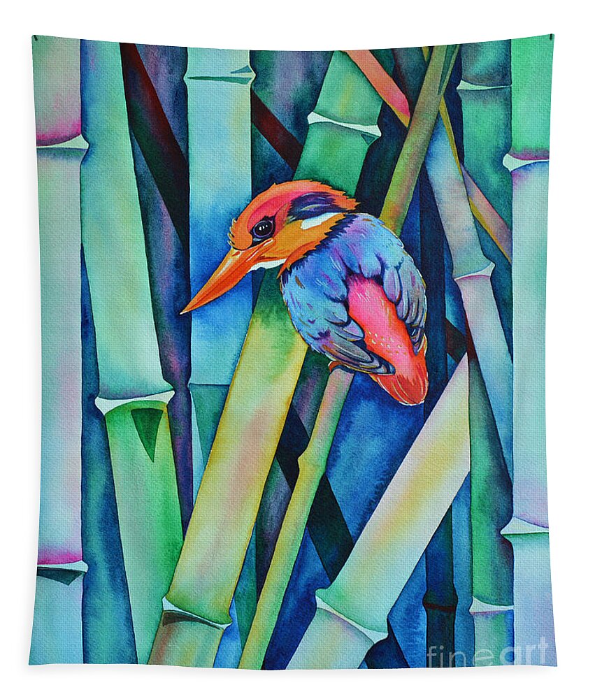 lack-backed Kingfisher Tapestry featuring the painting Black-backed Kingfisher on Bamboo by Zaira Dzhaubaeva