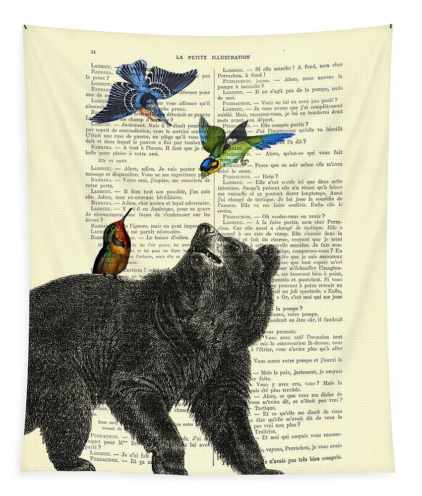 Bear Tapestry featuring the digital art Black bear with colorful tropical birds by Madame Memento
