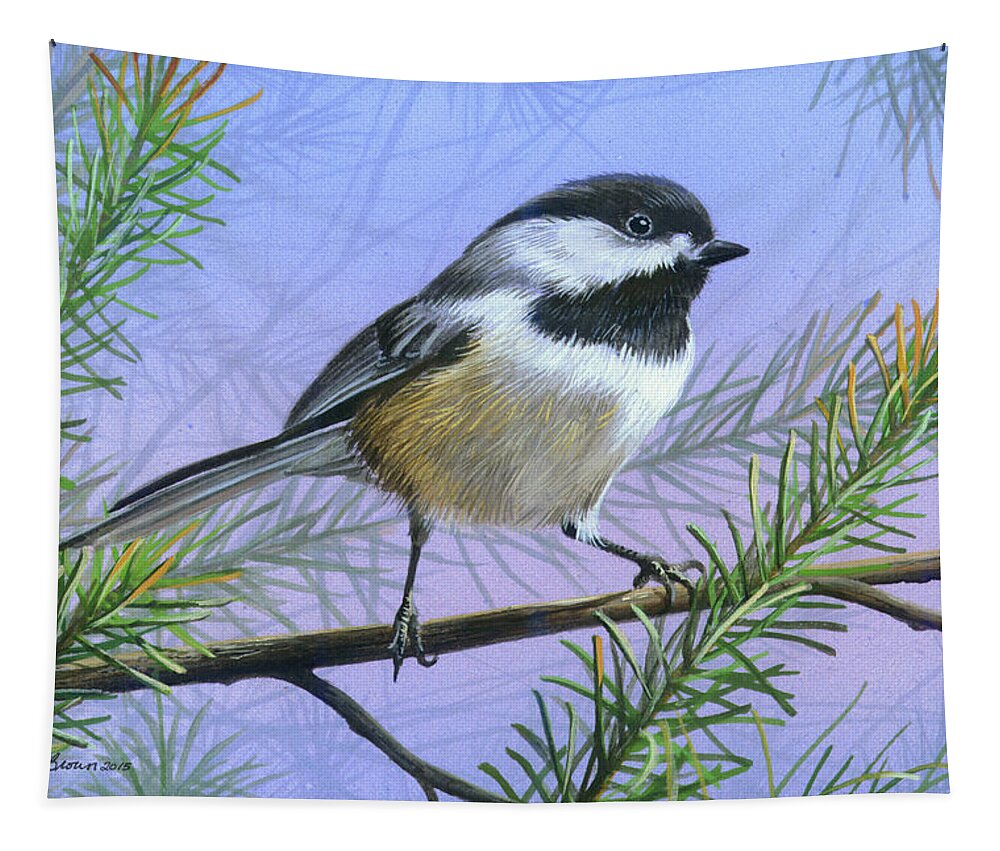 Black Capped Tapestry featuring the painting Black Cap Chickadee by Mike Brown