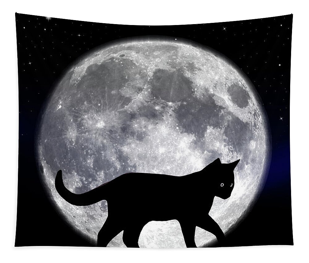 Halloween Tapestry featuring the photograph Black Cat And Full Moon 2 by Nina Ficur Feenan