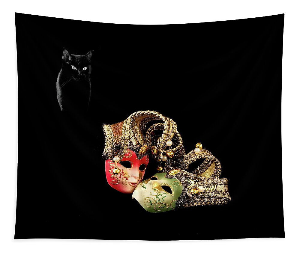 Alex Lyubar Tapestry featuring the photograph Black cat and love by Alex Lyubar