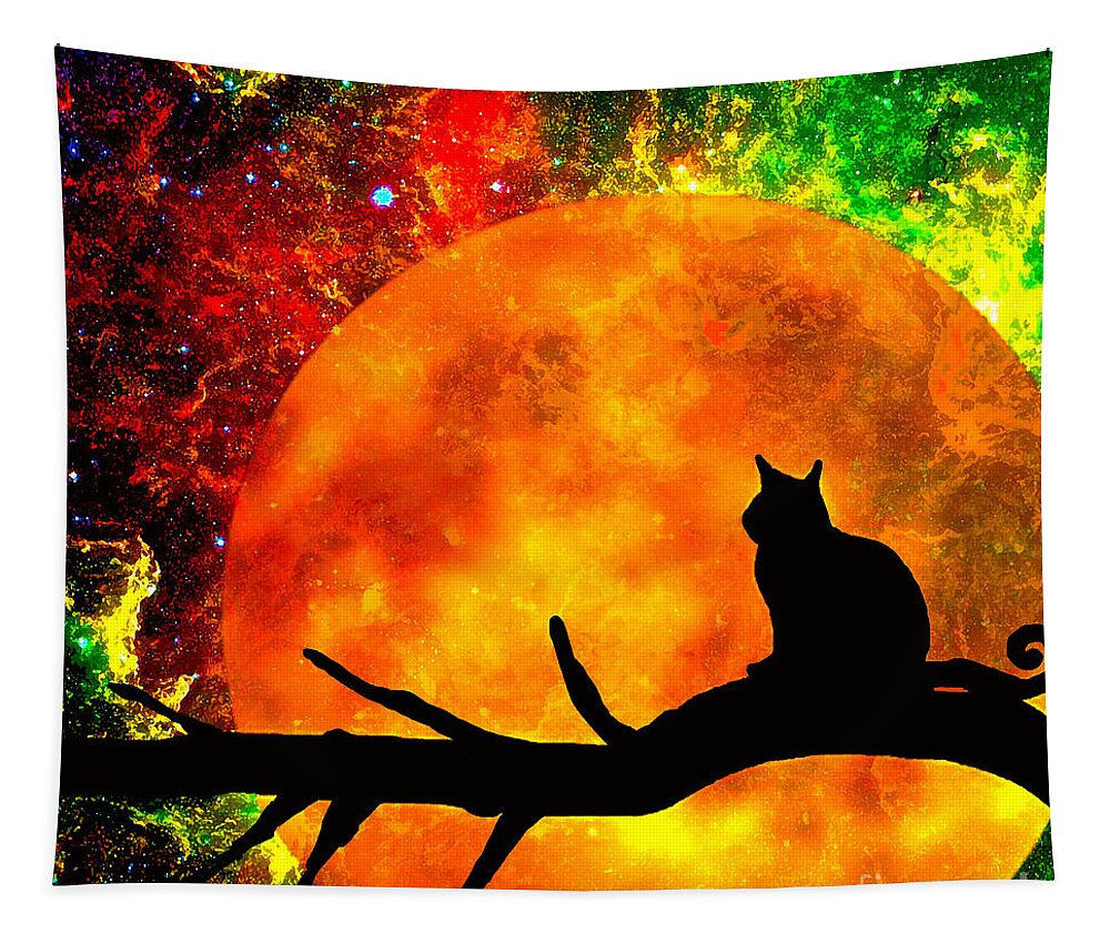 Black Tapestry featuring the painting Black Cat Harvest Moon by Saundra Myles
