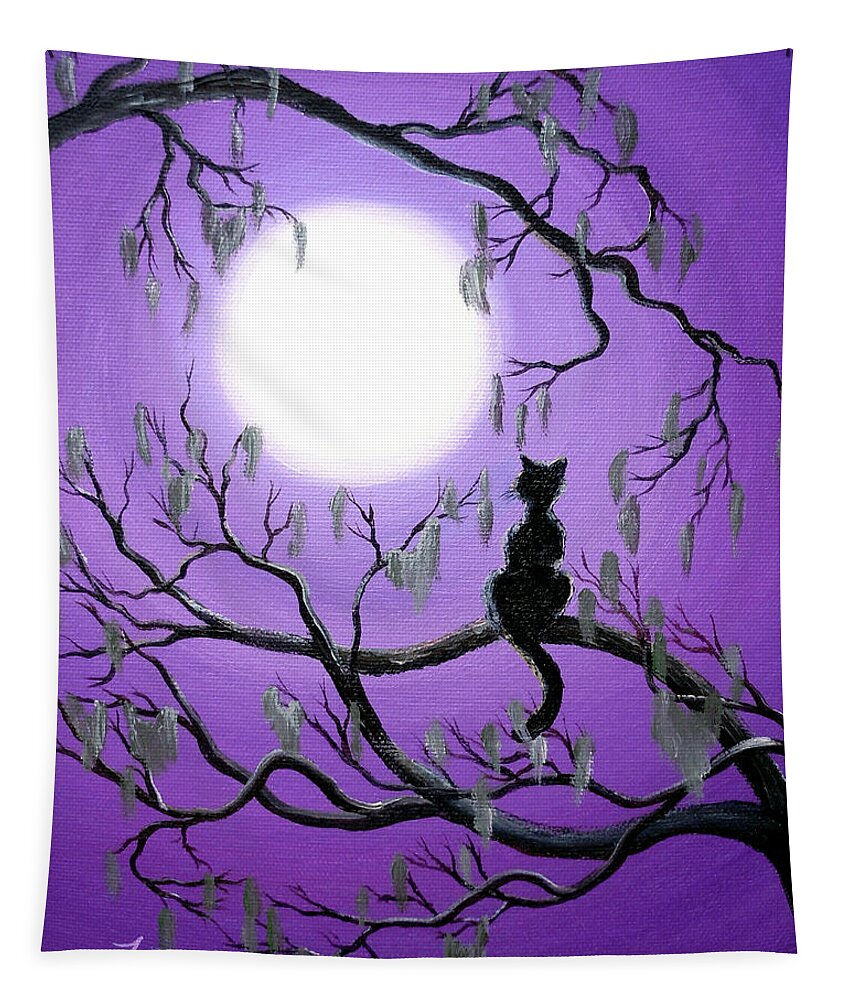 Painting Tapestry featuring the painting Black Cat in Mossy Tree by Laura Iverson
