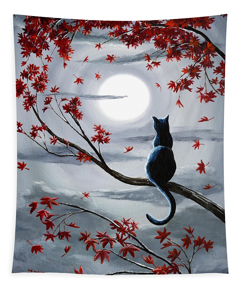 #faatoppicks Tapestry featuring the painting Black Cat in Silvery Moonlight by Laura Iverson