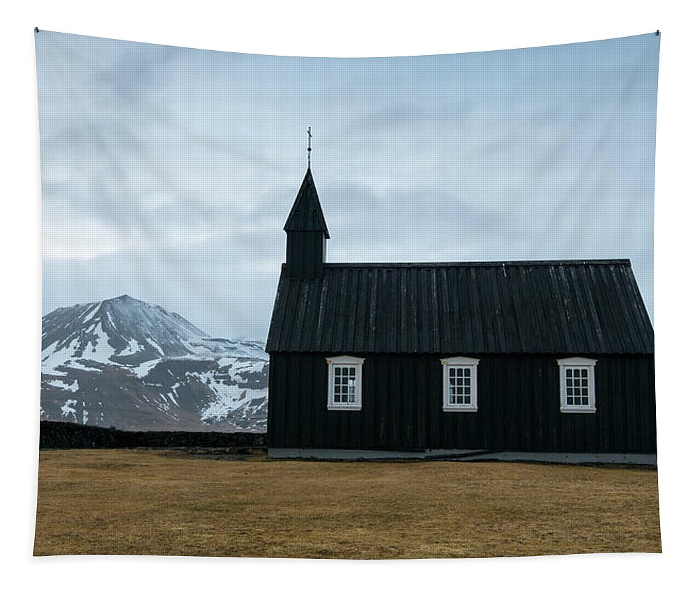 Budir Church Tapestry featuring the photograph Black church of Budir, Iceland by Michalakis Ppalis
