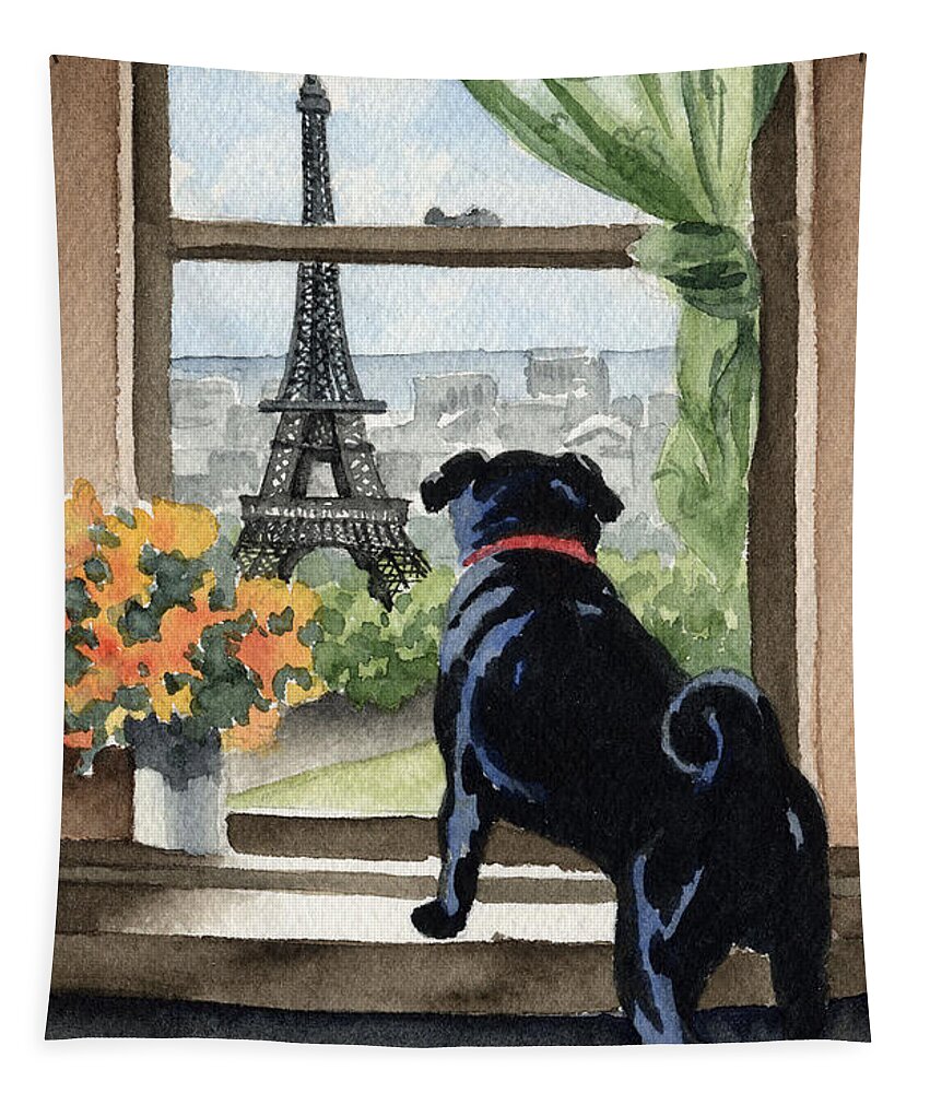 Black Tapestry featuring the painting Black Pug In Paris by David Rogers