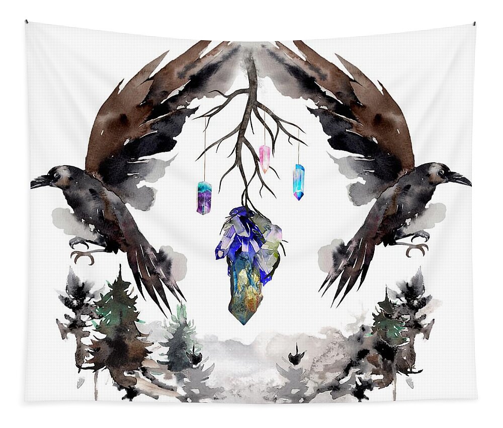 Painting Tapestry featuring the painting Black Ravens In The Crystal Woods by Little Bunny Sunshine
