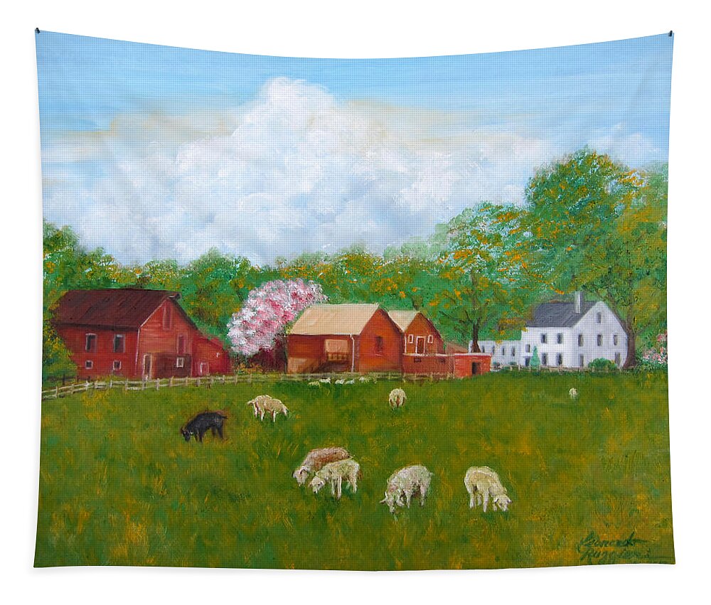 Landscape Tapestry featuring the painting black sheep in Colts Neck NJ by Leonardo Ruggieri