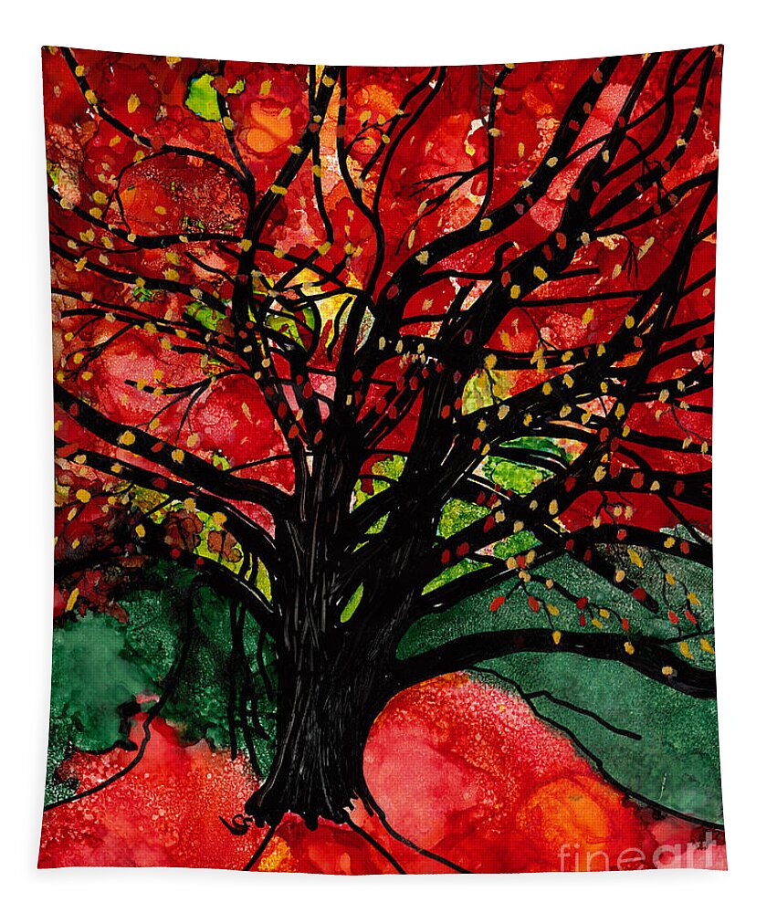 Blazing Autumn Tree Tapestry featuring the mixed media Blazing Red Orange Autumn Tree by Conni Schaftenaar