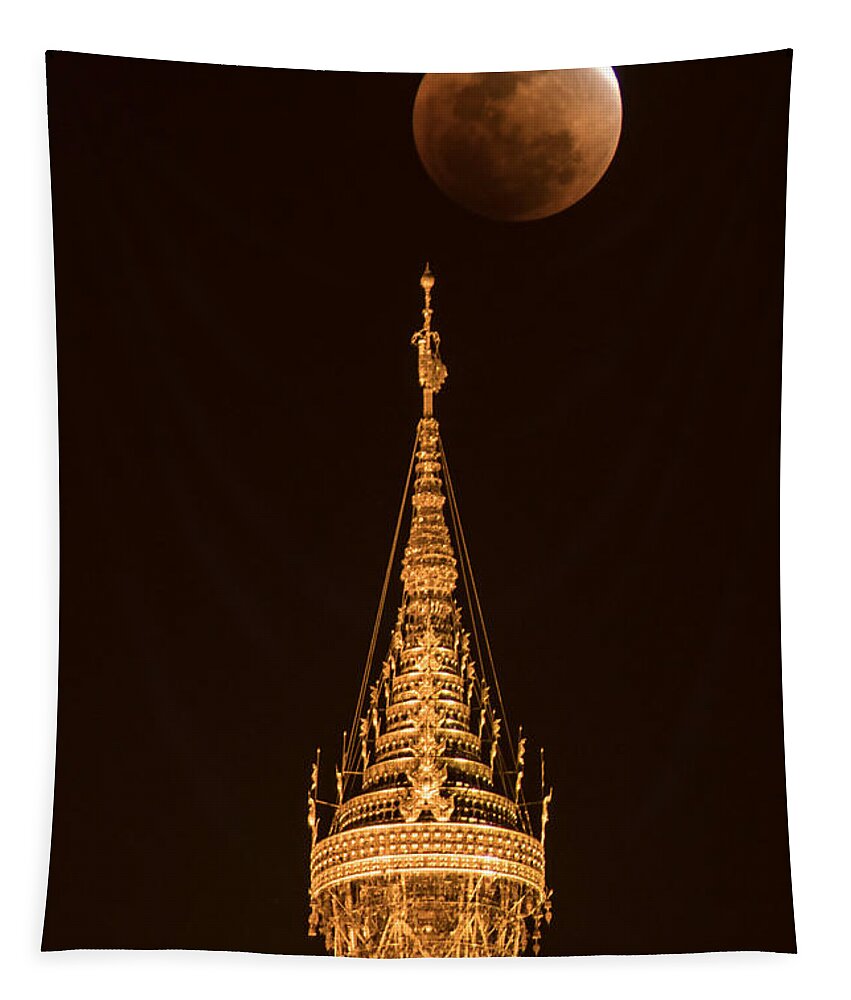 Moon Tapestry featuring the photograph Blood Moon Over Shwedagon Pagoda by Joshua Van Lare