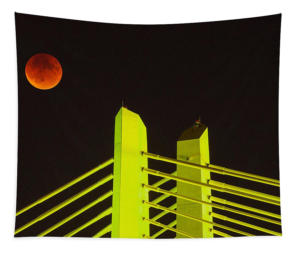 Full Super Moon Lunar Eclipse Tillikum Crossing September 27 2015 Portland Oregon Downtown Waterfront Pacific Northwest Night Telephoto Tapestry featuring the photograph Blood Moon Over the Tillikum Crossing by Patrick Campbell