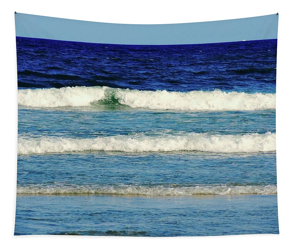Ocean Waves Stripes Blue White Sea Whitecaps Crest Foam Motorboat Ocean City New Jersey Seashore Parallel Water Nature Rhythm Rolling Curl Horizon Seascape Shades Of Blue Green Deep Shallow Pattern Simply Complex Rolling Tapestry featuring the photograph Rolling by Alida M Haslett