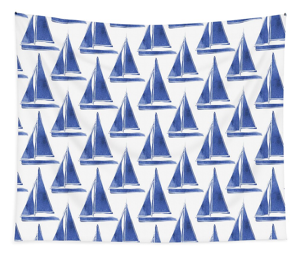 Boats Tapestry featuring the digital art Blue and White Sailboats Pattern- Art by Linda Woods by Linda Woods