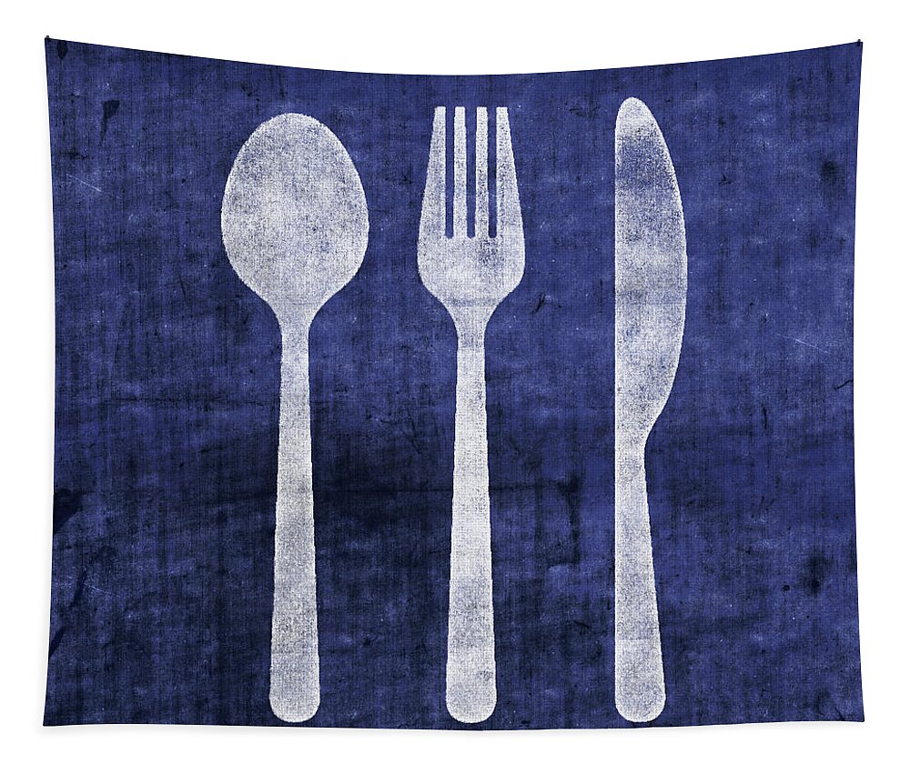 Utensils Tapestry featuring the mixed media Blue and White Utensils- Art by Linda Woods by Linda Woods