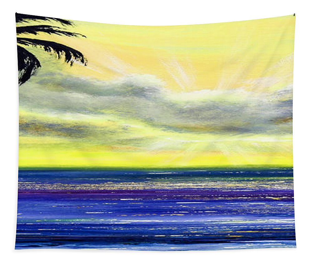 Sunset Tapestry featuring the painting Blue and Yellow Tropical Sunset by Gina De Gorna