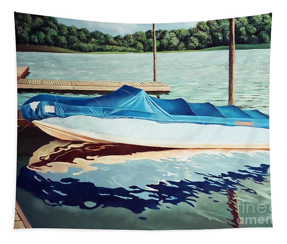 Blue Boat Tapestry featuring the painting Blue Boat by Christopher Shellhammer