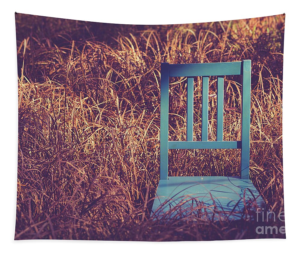 New Hampshire Tapestry featuring the photograph Blue chair out in a field of talll grass by Edward Fielding