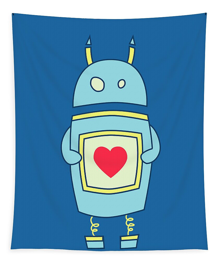 Blue Tapestry featuring the digital art Blue Cute Clumsy Robot With Heart by Boriana Giormova