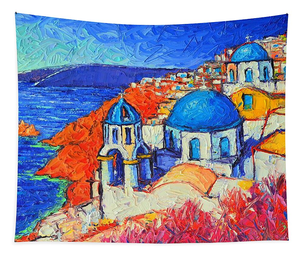 Santorini Tapestry featuring the painting BLUE DOMES IN OIA SANTORINI GREECE original impasto palette knife oil painting by Ana Maria Edulescu by Ana Maria Edulescu