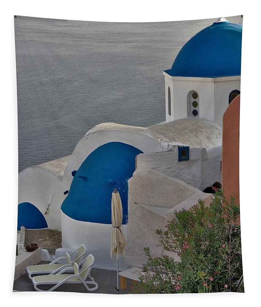 Santorini Tapestry featuring the photograph Blue Domes by Jeremy Hayden