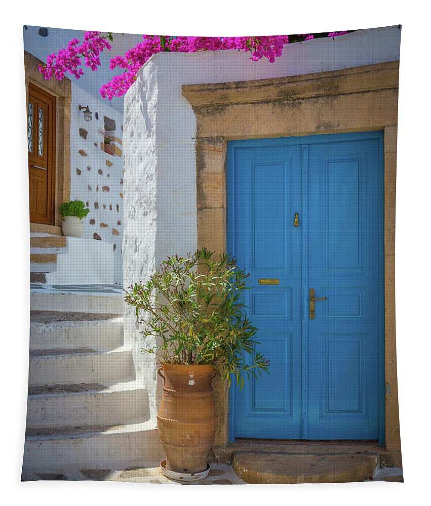 Aegean Sea Tapestry featuring the photograph Blue Door and Stairs by Inge Johnsson