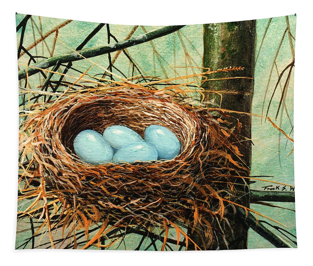 Wildlife Tapestry featuring the painting Blue Eggs In Nest by Frank Wilson