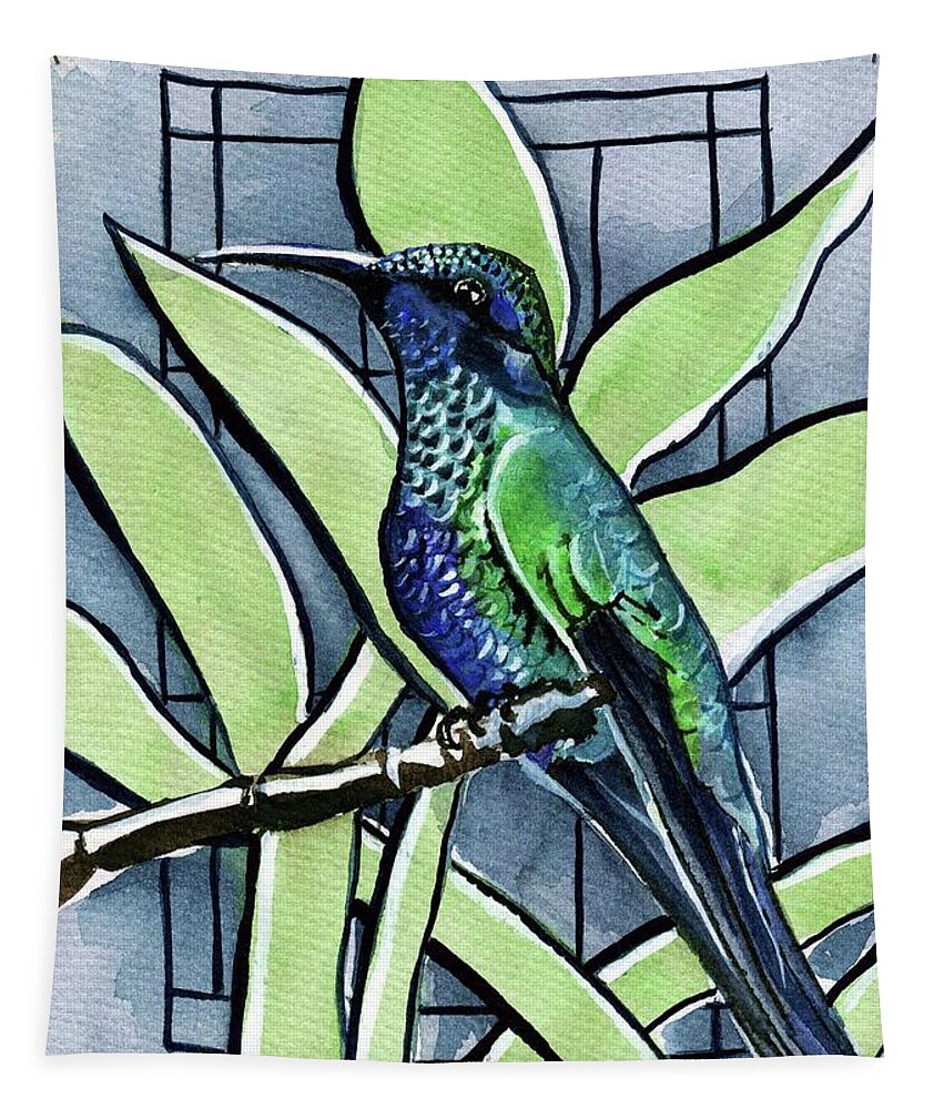 Hummingbird Tapestry featuring the painting Blue Green Hummingbird by Dora Hathazi Mendes