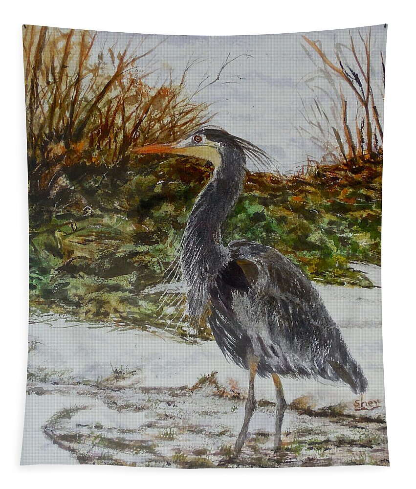 Watercolour Painting Tapestry featuring the painting Blue Heron by Sher Nasser