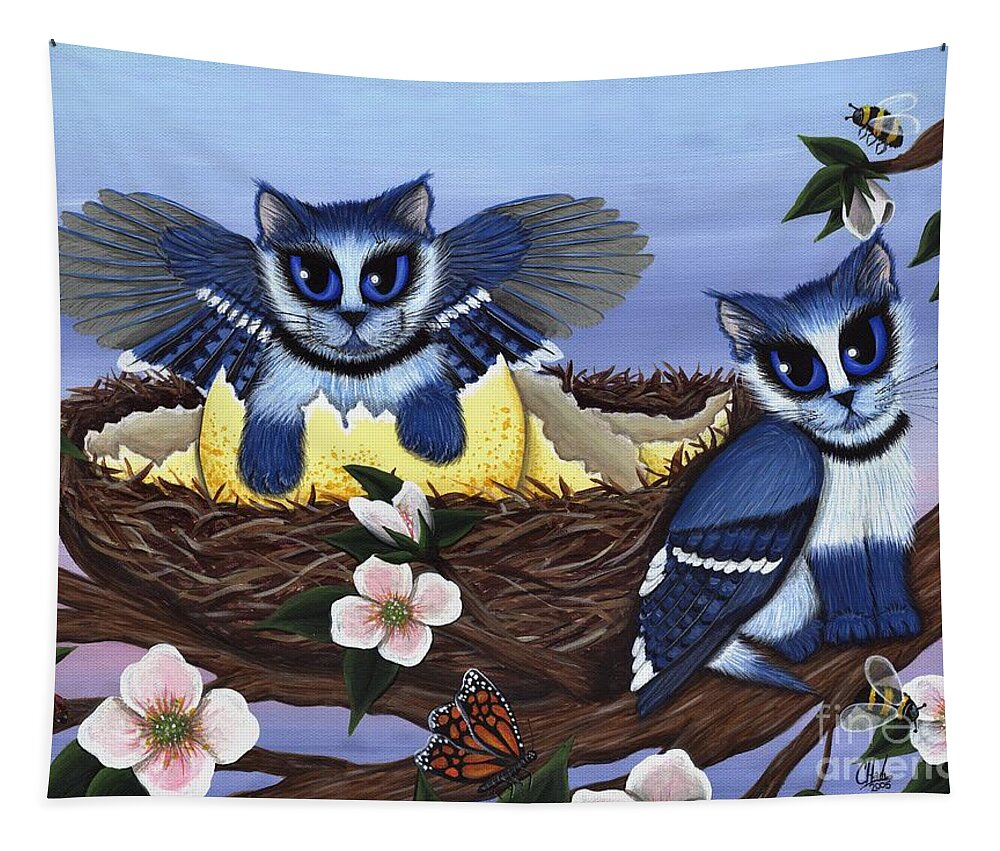 Blue Jays Tapestry featuring the painting Blue Jay Kittens by Carrie Hawks