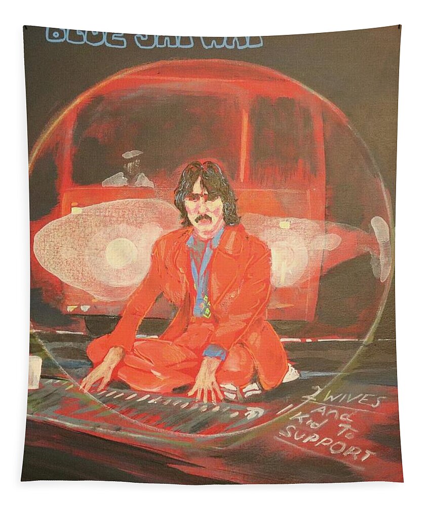 Beatles Magical Mystery Tour Blue Jay Way John Lennon George Harrison Paul Mccartney Ringo Starr Los Angeles Psychedelic Hammond Organ England Fog Don't Be Long Hippies Anti-establishment Hollywood Hills 1967 Peace Love Tapestry featuring the painting Blue Jay Way by Jonathan Morrill