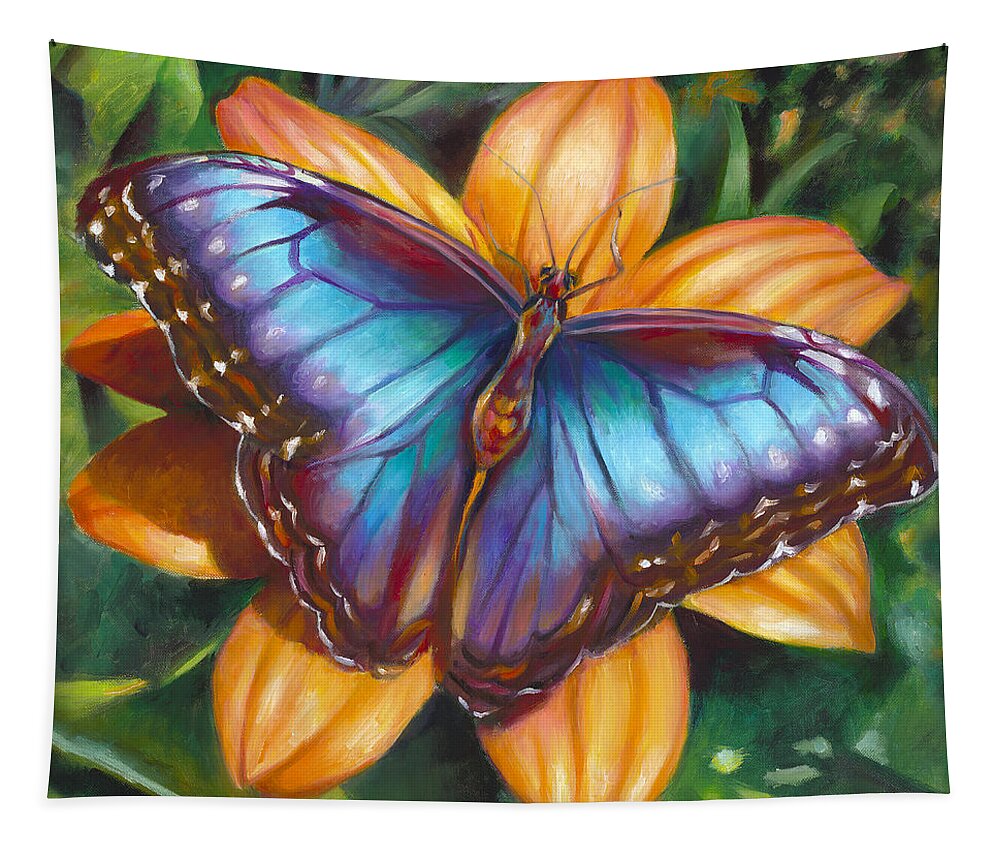 Oil Painting Tapestry featuring the painting Blue Morpho Butterfly by Nancy Tilles
