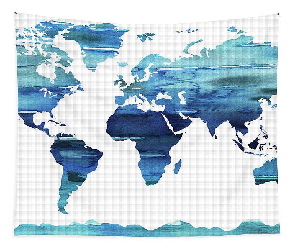 Blue Tapestry featuring the painting Blue Watercolor Earth World Map by Irina Sztukowski