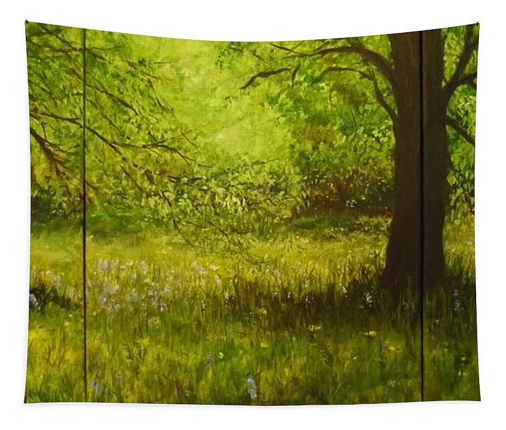 Tree Tapestry featuring the painting Bluebell Wood in Spring Triptych by Lizzy Forrester