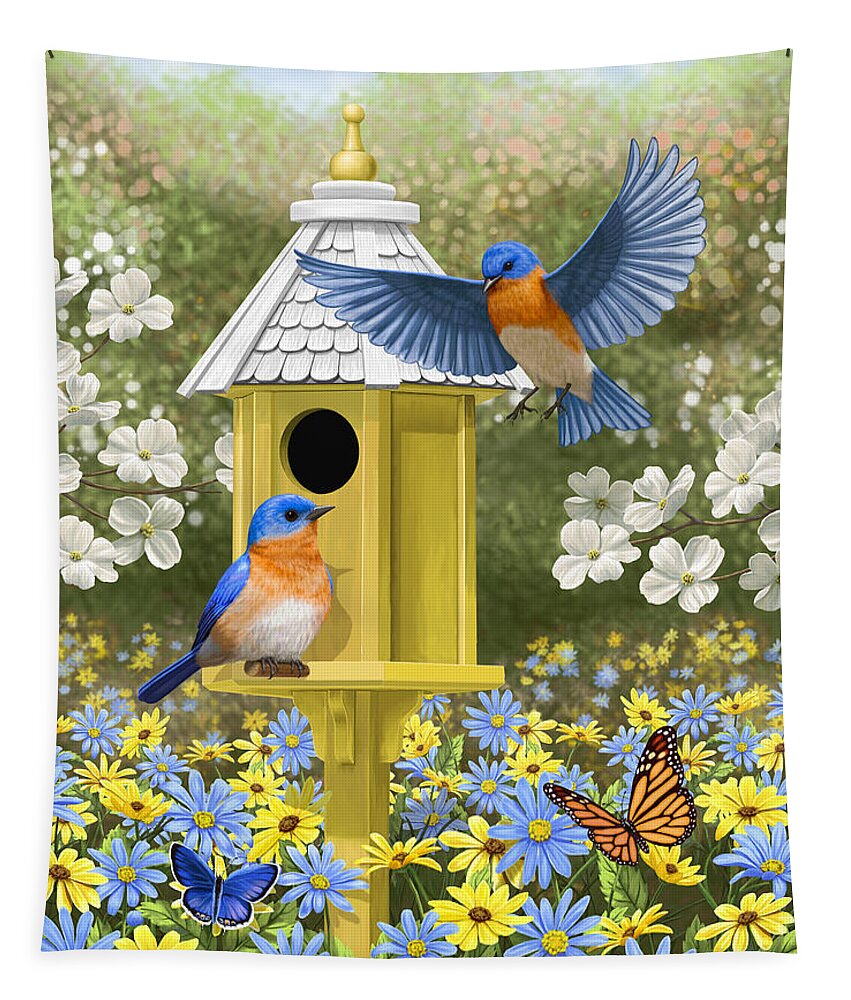 Wild Birds Tapestry featuring the painting Bluebird Garden Home by Crista Forest