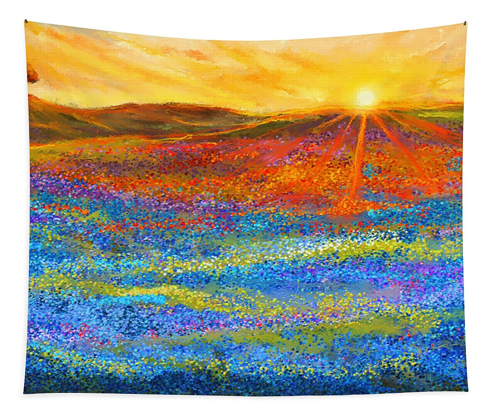 Bluebonnet Tapestry featuring the painting Bluebonnet Horizon - Bluebonnet Field Sunset by Lourry Legarde