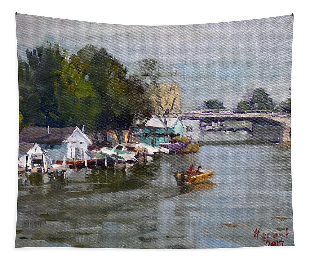 Boat Houses Tapestry featuring the painting Boat Houses at North Tonawanda by Ylli Haruni