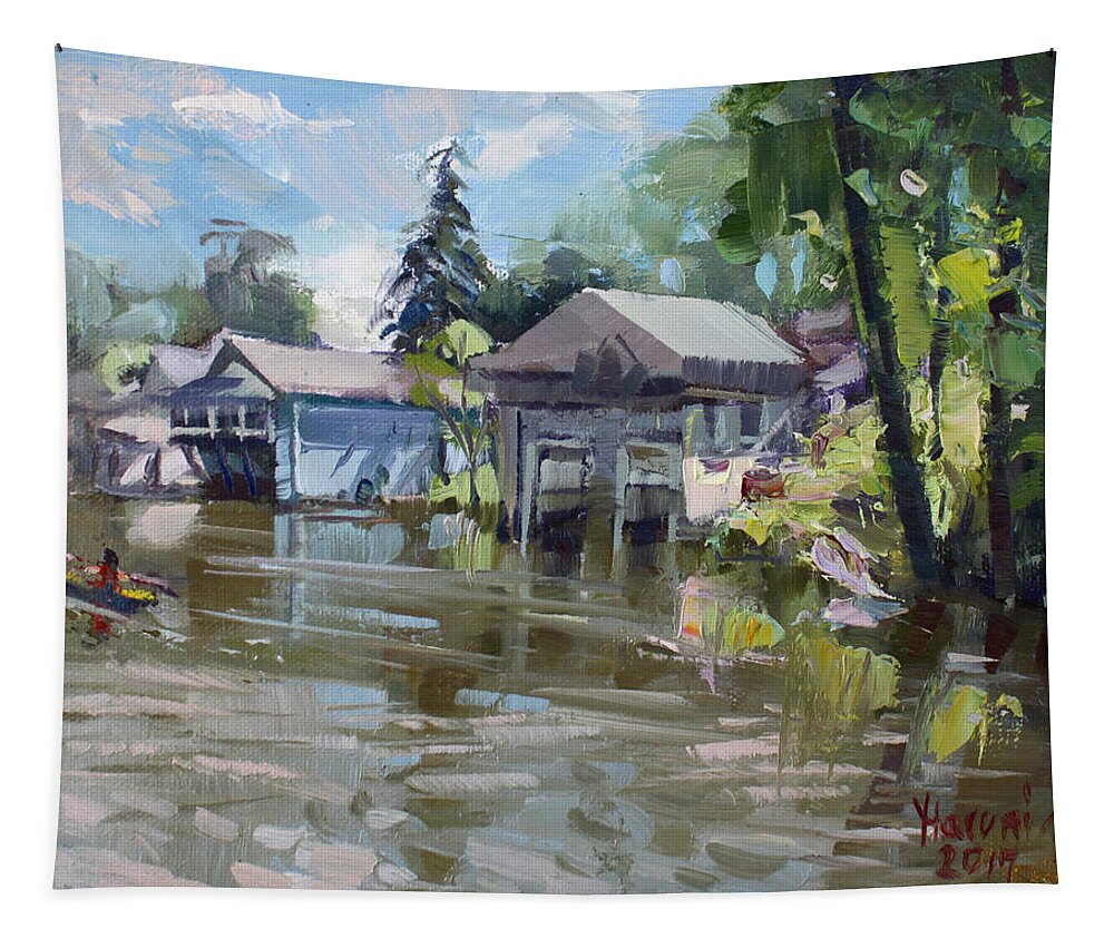 Boat Houses Tapestry featuring the painting Boat Houses by Ylli Haruni