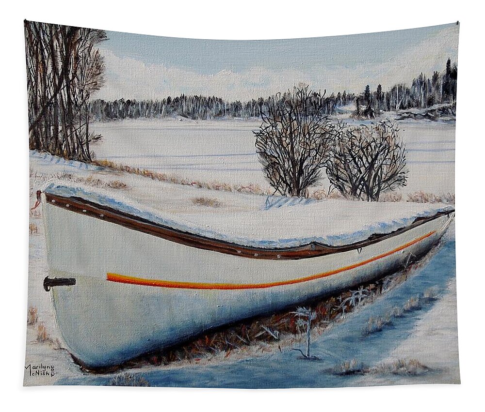 Boat Tapestry featuring the painting Boat under snow by Marilyn McNish