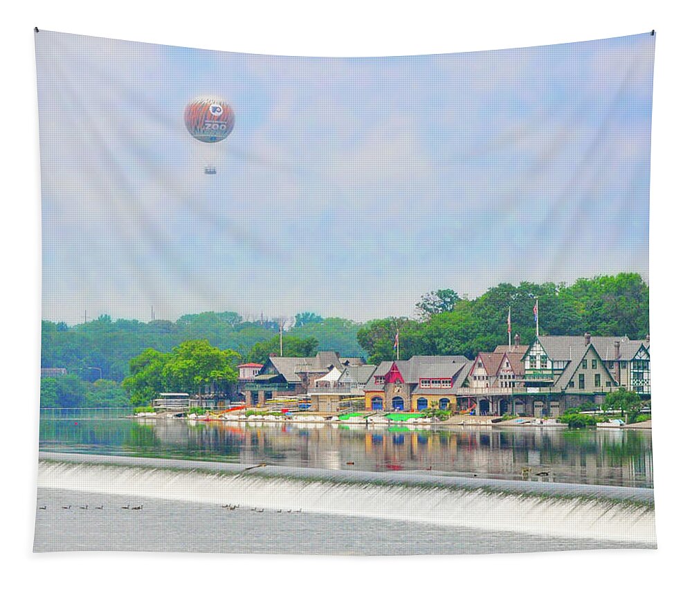 Boathouse Tapestry featuring the photograph Boathouse Row and the Zoo Balloon in Philadelphia by Bill Cannon
