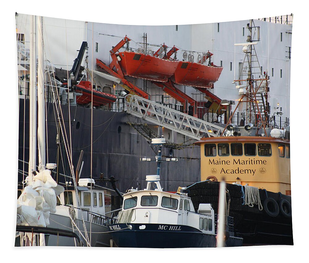 Boats Tapestry featuring the photograph Boats Of Maine Maritime Academy by Greg DeBeck