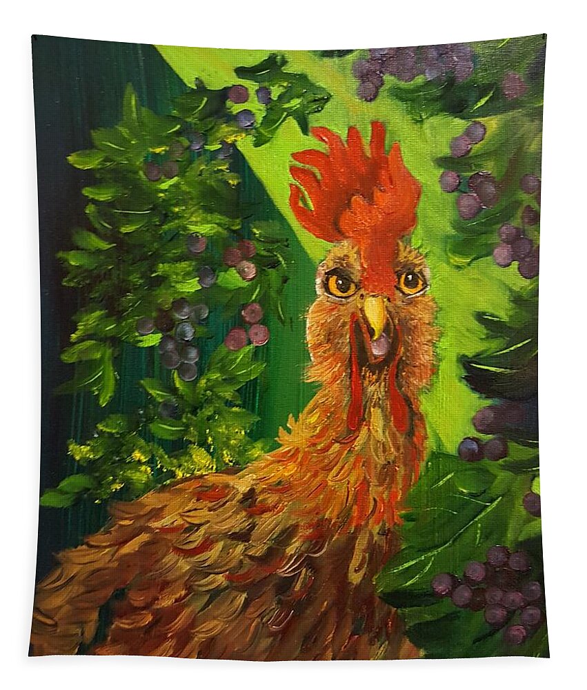 Funny Chicken Tapestry featuring the painting Bobbies Fermented Grapes  90 by Cheryl Nancy Ann Gordon