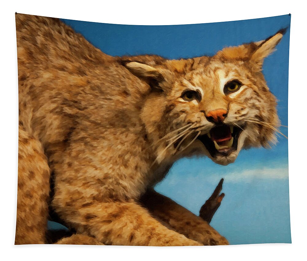 Bobcat Tapestry featuring the digital art Bobcat on a branch by Flees Photos