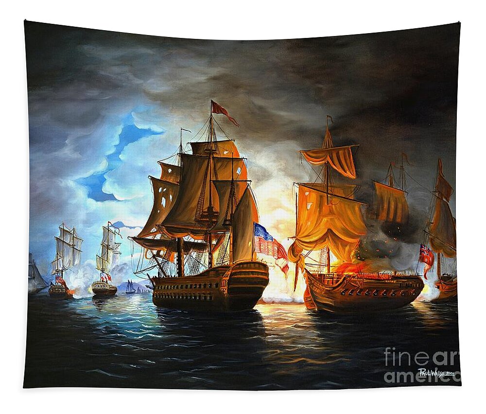 Naval Battle Tapestry featuring the painting Bonhomme Richard engaging The Serapis in Battle by Paul Walsh