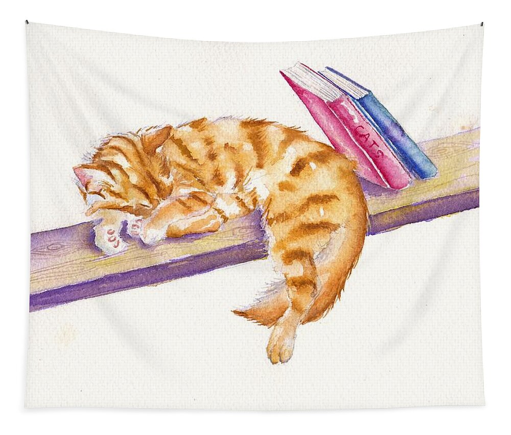 Tabby Tapestry featuring the painting Bookend - Sleeping Kitten by Debra Hall