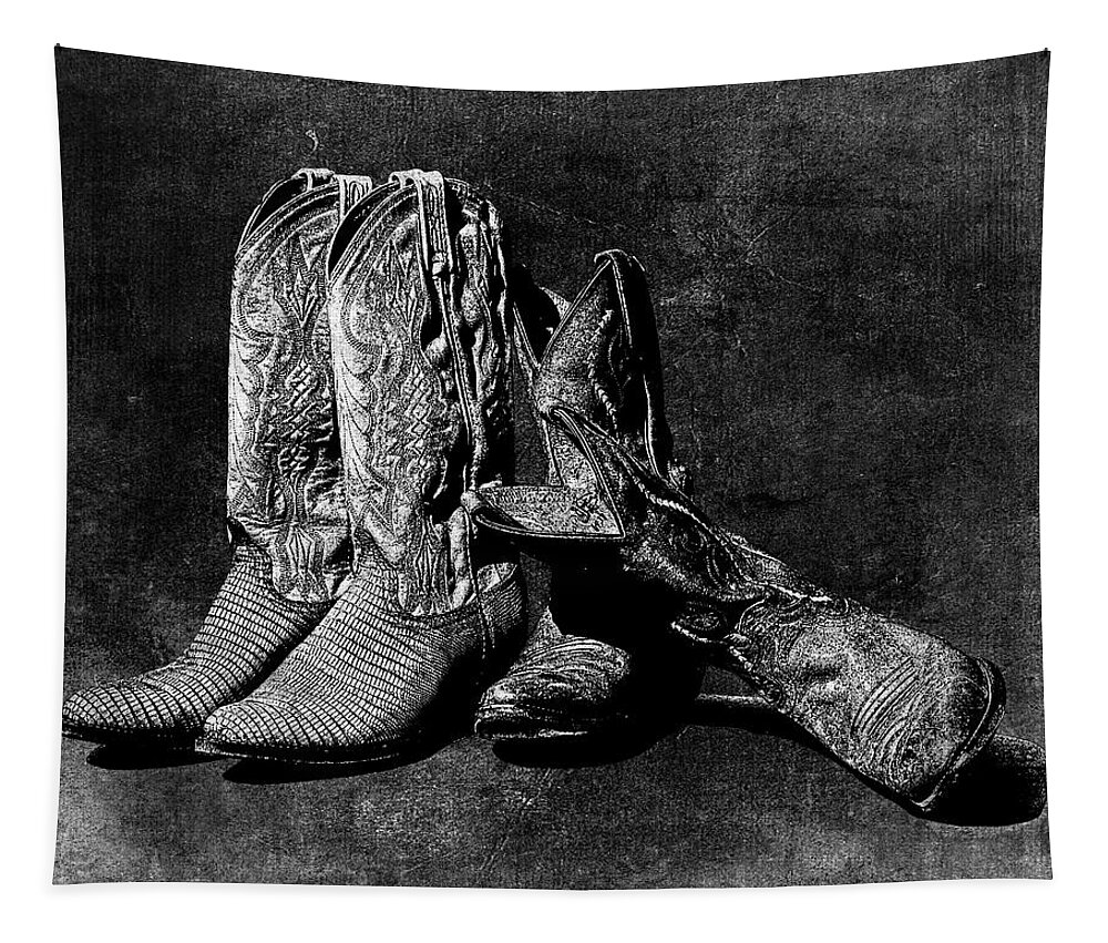 Cowboy Boots Tapestry featuring the photograph Boot Friends - Art BW by Lesa Fine