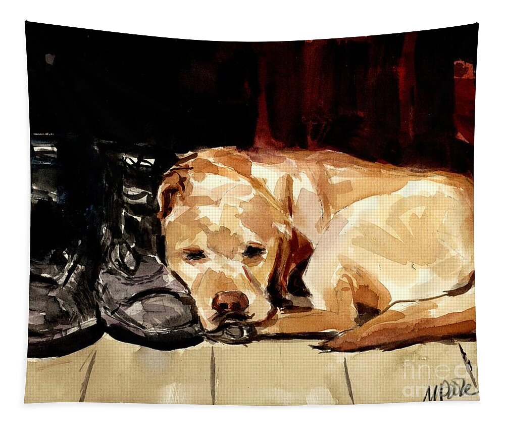 Yellow Dog Tapestry featuring the painting Boots by Molly Poole