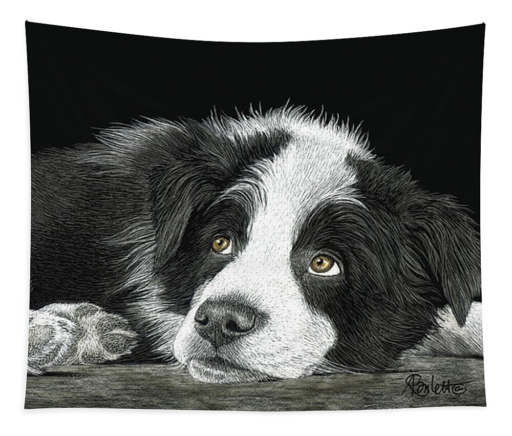Border Collie Tapestry featuring the drawing Border Collie Pup for Limited Items by Ann Ranlett
