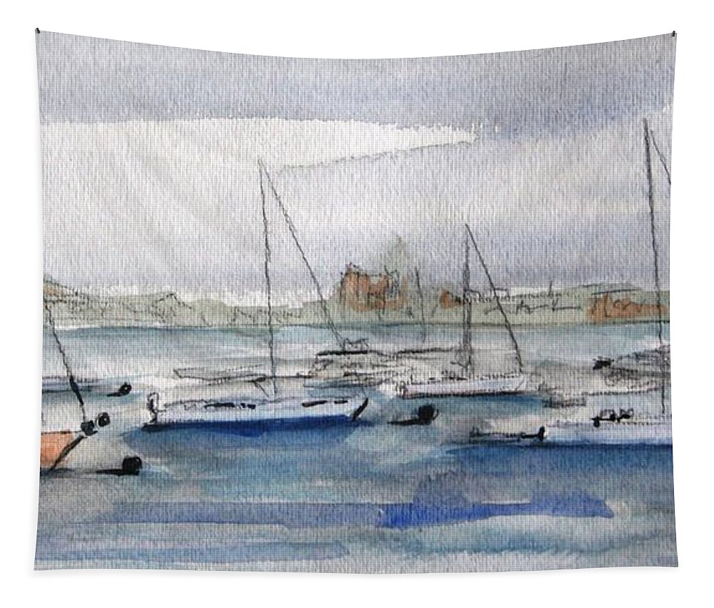 Boats Tapestry featuring the painting Boston Harbor by Julie Lueders 