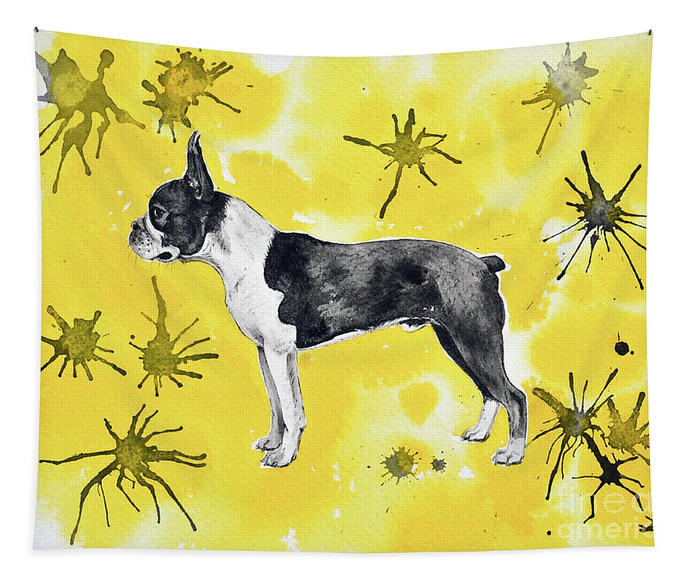 Boston Terrier Tapestry featuring the painting Boston Terrier on Yellow by Zaira Dzhaubaeva