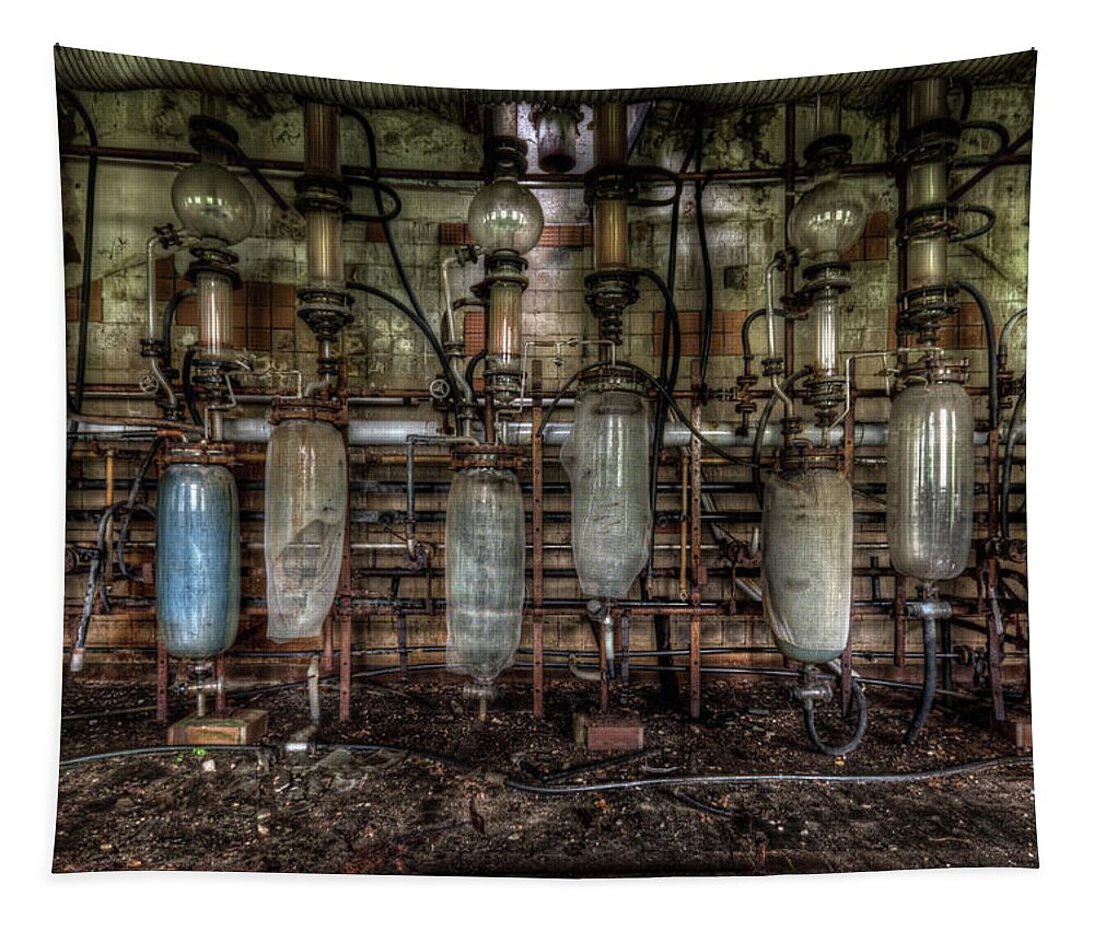 Urbex Tapestry featuring the digital art Bottles hanging on the wall by Nathan Wright